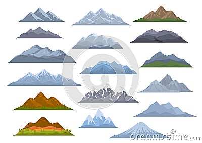 Different cartoon mountains set, isolated graphic vector Vector Illustration