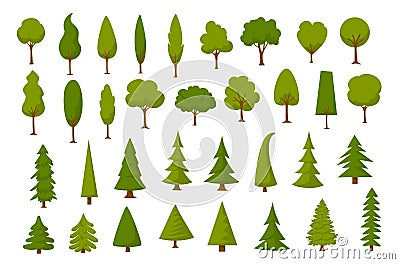 Different cartoon park forest pine fir trees set Stock Photo