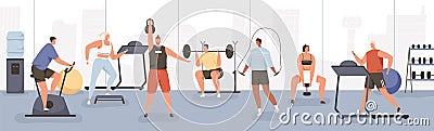 Different cartoon people exercising at modern gym vector flat illustration. Athletic man and woman on training apparatus Vector Illustration