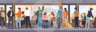 Different cartoon people go by public transport vector flat illustration. Crowd of passengers characters inside city bus Vector Illustration