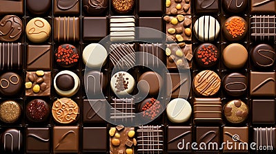 Different chocolate sweets rows in a box. Delicious milk choco sugar dessert treats. Close up gourmet candy decorated Stock Photo