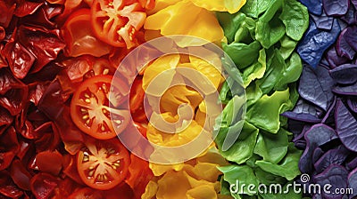 Different choped vegetables arrange in the colors of the rainbow Stock Photo