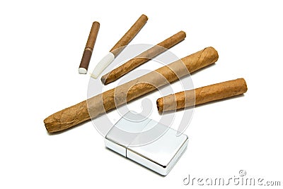 Different cigars and cigarillos with lighter Stock Photo