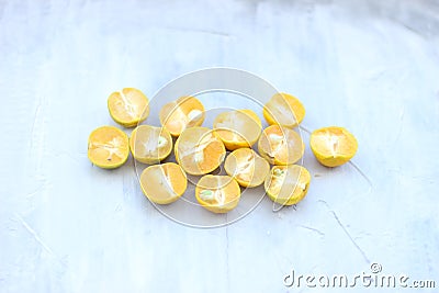 Different citrus fruit on grey concrete table. Fruit food background. Healthy eating and diet Stock Photo