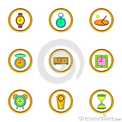 Different clock icons set, cartoon style Vector Illustration