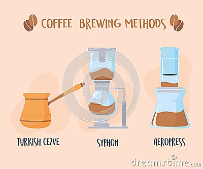 Different coffee brewing methods, turkish syphon and aeropress Vector Illustration
