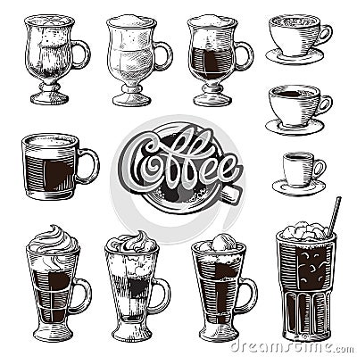 Different coffee drinks isolated. Espresso macchiato chocolate ristretto mocha irish cocoa frappe glace americano latte Vector Illustration