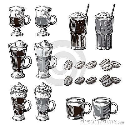 Different coffee drinks isolated. Espresso macchiato chocolate ristretto mocha irish cocoa frappe glace americano latte Vector Illustration