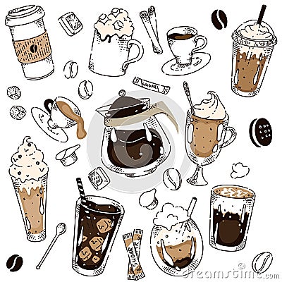 Different coffee kind hand drawing layout composition Vector Illustration