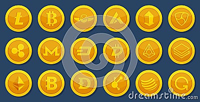 Different coins of crypto currency. Virtual electronic money. Bitcoin pictures in cartoon style Vector Illustration