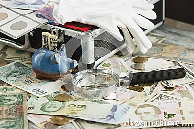 Different collector`s coins and banknotes Stock Photo