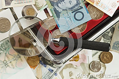 Different collector`s coins and banknotes Stock Photo