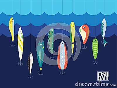 Different Color Fishing Bait with Big and Small Cartoon Fishes in the Ocean or Sea. Blue Marine Background With Baits for Postcard Vector Illustration