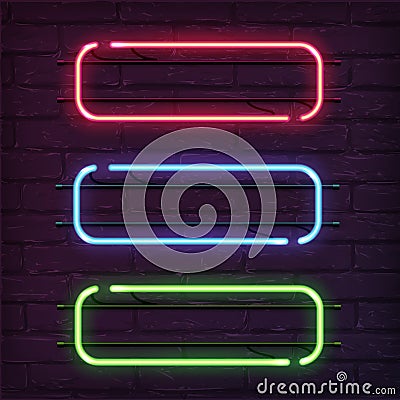 Different color neon frames. Vector realistic neon rectangles on brick wall. Vector Illustration