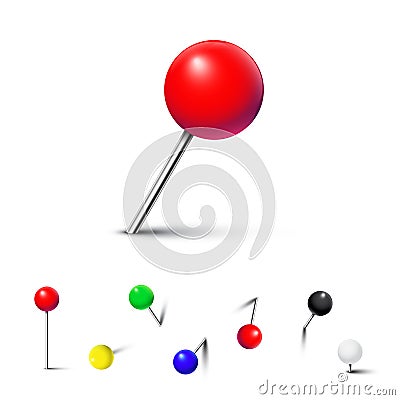Different color pushpins isolated on white background. Vector realistic design element. Vector Illustration