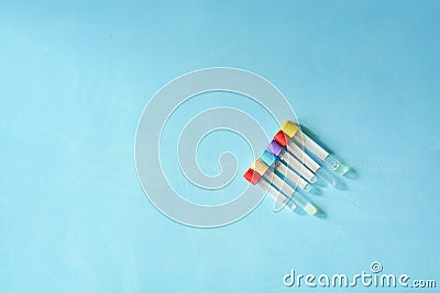 Different color and size empty vacuum venipuncture test tubes. Stock Photo