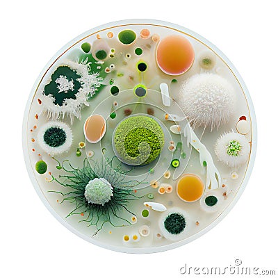 Different color type colonies of bacteria public hall air on a petri dish agar plate. Pathogenic microflora biologically isolated Stock Photo