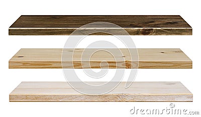 Different color wooden shelves isolated on white Stock Photo