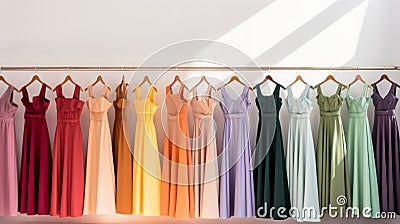 different colored floor-length dresses hang on a hanger on a white background Stock Photo