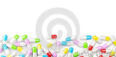 Different colored pill capsules border edge over white background, medical treatment, pharmaceutical or medication concept Cartoon Illustration