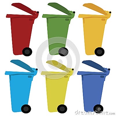 Different colored recycle waste bins vector illustration with trash. Vector Illustration