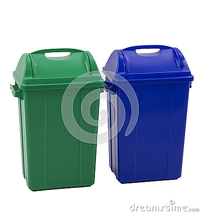 Different colored trash bins for collecting various type of garbage isolated Stock Photo