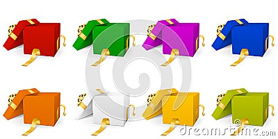 Different Colored Vector 3D Gift Box Collection with Golden Ribbon and Open Cover Stock Photo