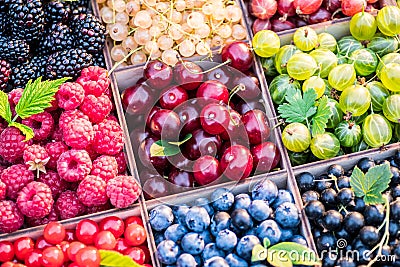 Different colorful berries in wooden box. Close-up Stock Photo