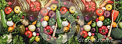 Different colorful fresh vegetables all over the table in full frame. Healthy food and with many vitamins. Top view Stock Photo