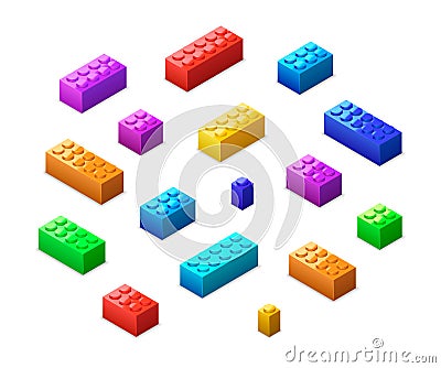 Different colorful lego bricks in isometric view isolated on white Stock Photo