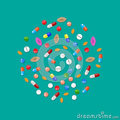 Different colorful medical pills capsules tablets Vector Illustration