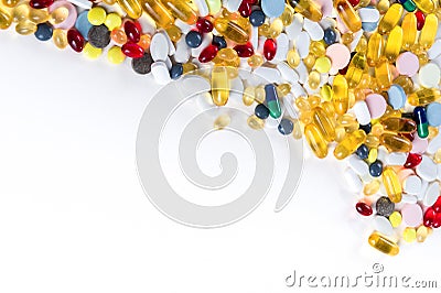 Different colorful medication and pills with copy space Stock Photo