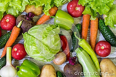 Different colorful vegetables all over the table in full frame. Healthy eating Stock Photo