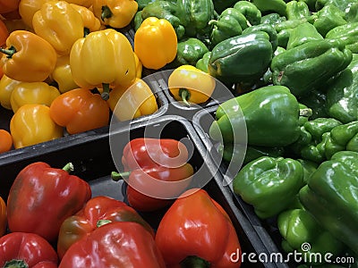 Different colors of capsicums for sale in a vegetable market for business and kept in a tray for Orange green and Red colors Stock Photo