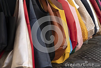 Many hand bag leather woman bags at the shop Stock Photo