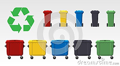 Different colors recycle bins isolated on white background. Flat style. Vector. Stock Photo