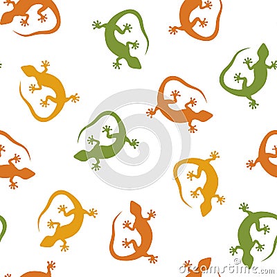 Different colors Tokay gekko seamless pattern. Repeating pattern of hand drawn gekko lizards. Green, yellow and orange elements Vector Illustration