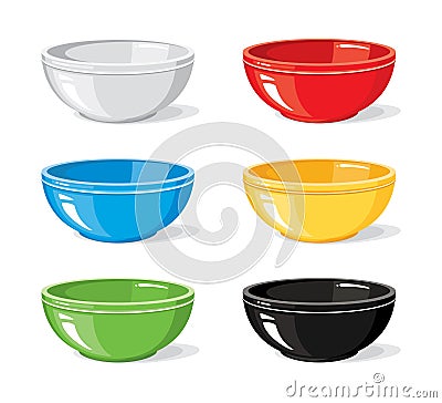 Different colourful empty bowls for breakfast or dinner isolated on white background. Cooking collection Vector Illustration