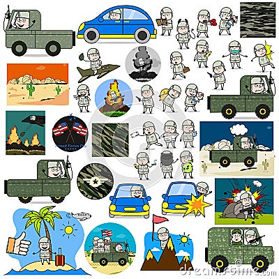 Different Comic Army Man Characters - Set of Concepts Vector illustrations Vector Illustration
