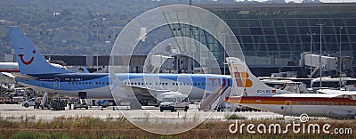 Airliners parked at palma de mallorca airport wide Editorial Stock Photo