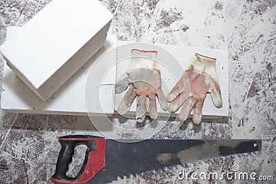 Different construction tools and gloves on background. Stock Photo