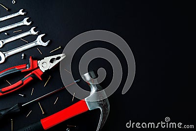 Different construction tools. Maintenance and reparing concept. Place for text, flat lay. Stock Photo