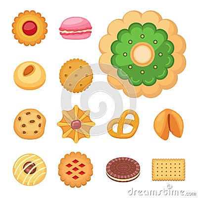 Different cookie cakes top view sweet food tasty snack biscuit sweet dessert illustration. Cartoon Illustration