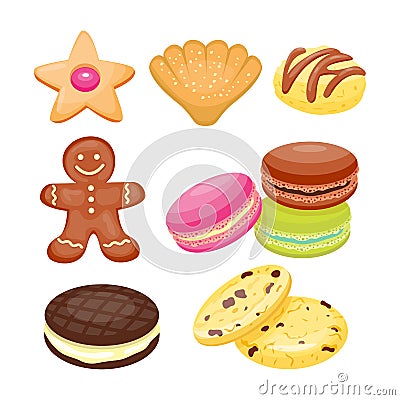 Different cookie homemade breakfast bake cakes isolated and tasty snack biscuit pastry delicious sweet dessert bakery Vector Illustration