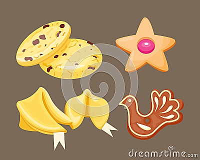 Different cookie homemade breakfast bake cakes isolated and tasty snack biscuit pastry delicious sweet dessert bakery Vector Illustration
