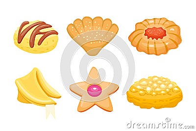 Different cookie homemade breakfast bake cakes isolated and tasty snack biscuit pastry delicious sweet dessert bakery Vector Illustration