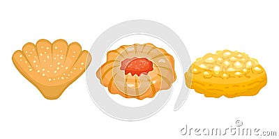 Different cookie homemade breakfast bake cakes isolated and tasty snack biscuit pastry delicious sweet dessert bakery Vector Illustration