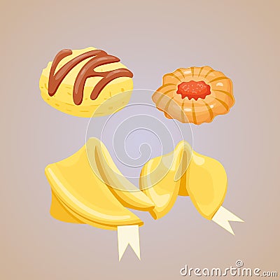 Different cookie homemade breakfast bake cakes isolated and tasty snack biscuit pastry delicious sweet dessert bakery Vector Illustration