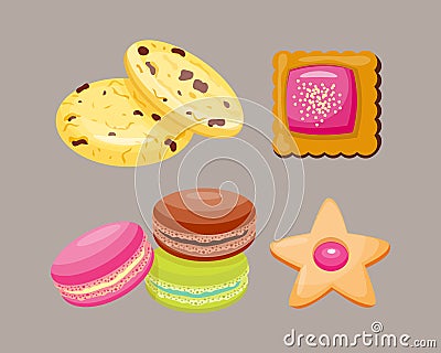 Different cookie homemade breakfast bake cakes and tasty snack biscuit pastry delicious sweet dessert bakery Vector Illustration