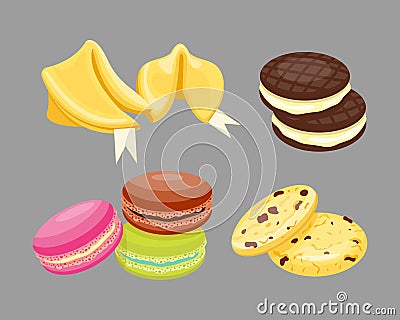 Different cookie homemade breakfast bake cakes and tasty snack biscuit pastry delicious sweet dessert bakery Vector Illustration